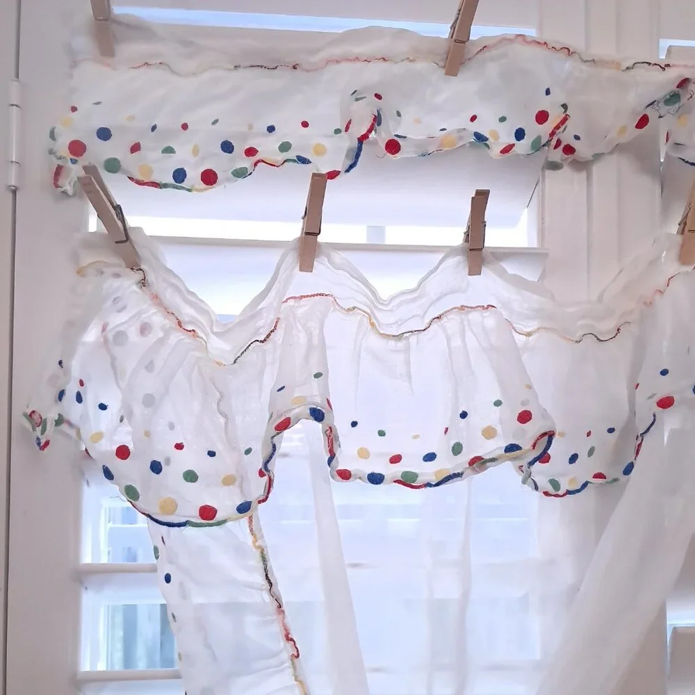 Vintage kitchen cafe curtains polka dots rainbow‎ primary colors white whimsy